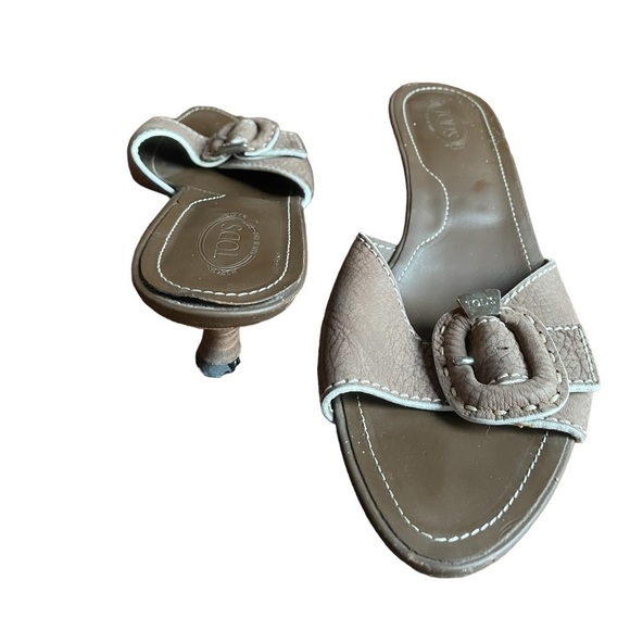 Tods Leather Kitten Heel Slide Sandals Taupe 8.5 - Picture 4 of 13